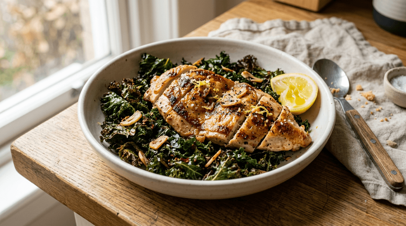 Crispy Kale and Garlic Flattened Chicken — finished dish