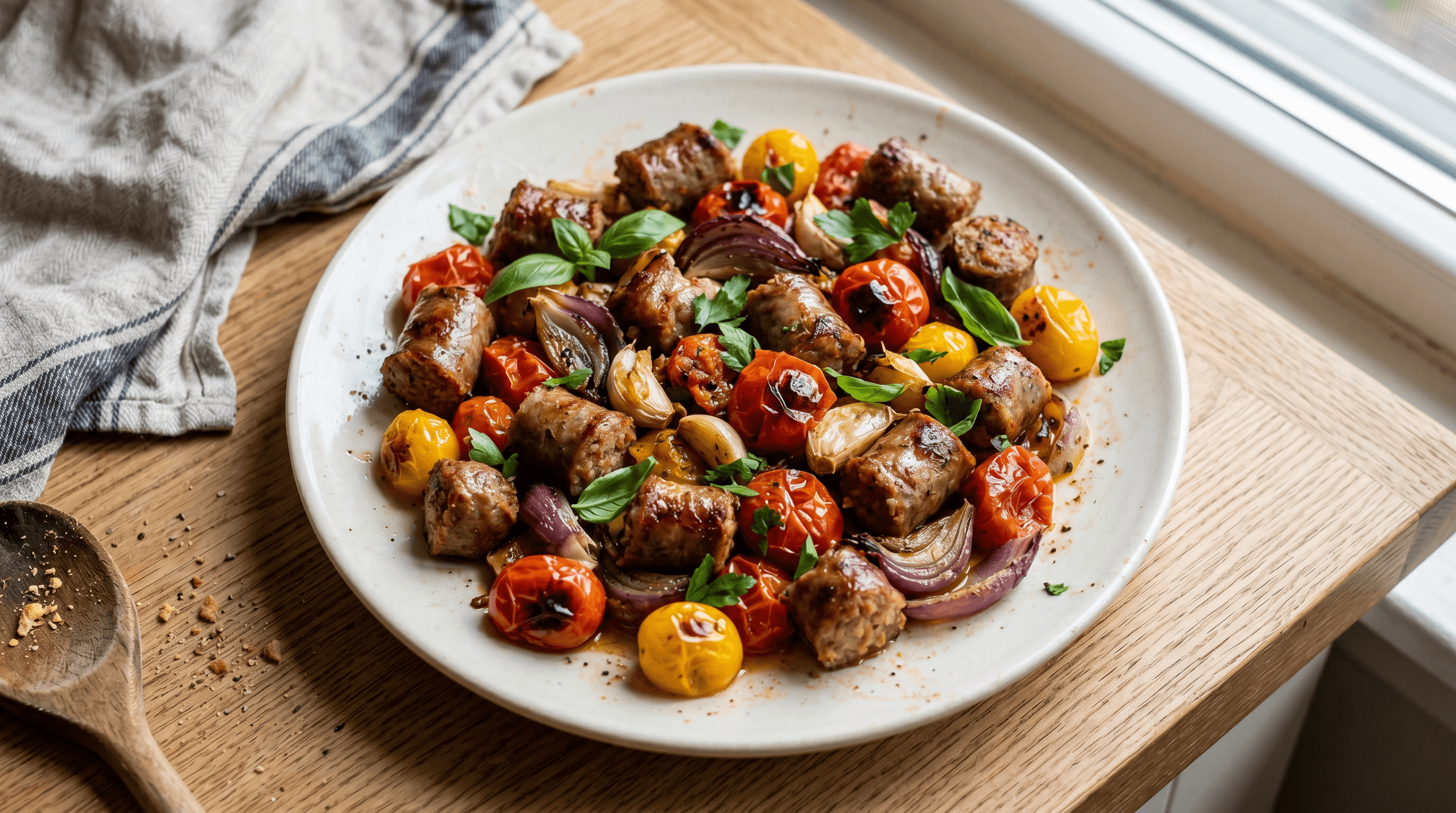 Sheet Pan Sausage and Cherry Tomatoes — finished dish